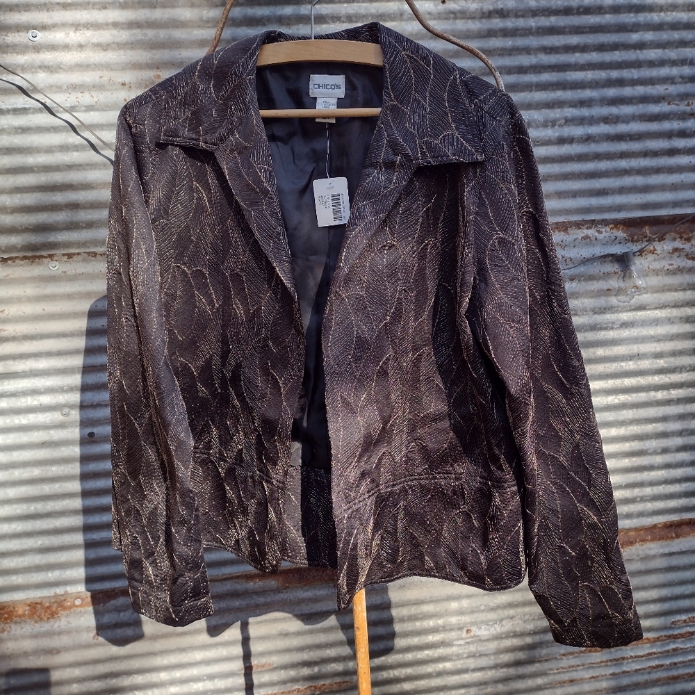 Chicos size 2 Black and gold thread embroidered jacket, embroidered leaves
